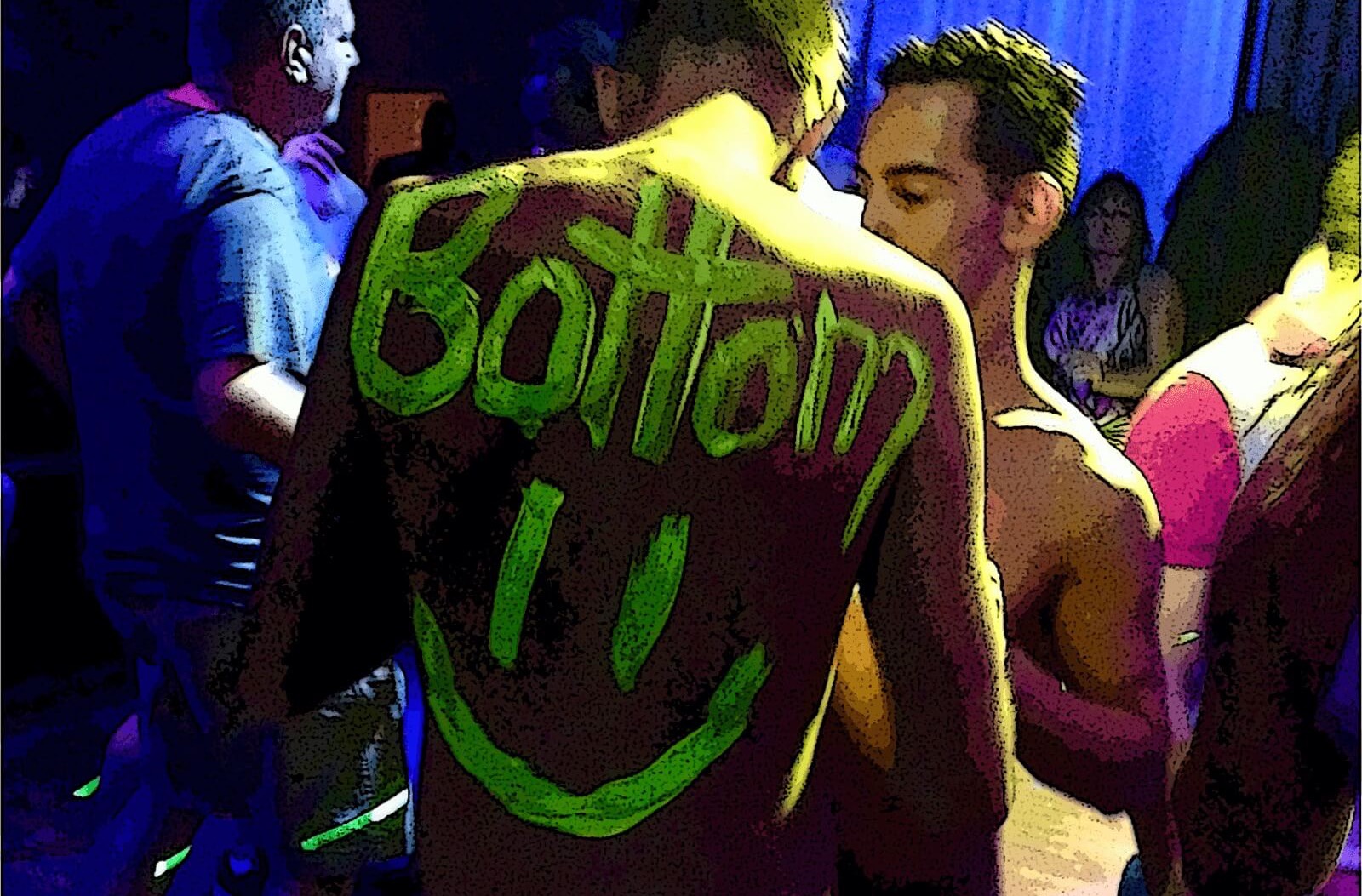 Shirtless man with Bottom and smiley face painted on back in neon.