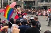 Drag queen in red at NYC Pride March 2018